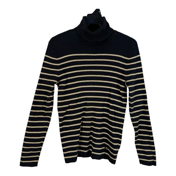 Lauren Ralph Lauren Sweater Womens L Black Gold Glitter Stripe Long Slv Cozy - Picture 1 of 12